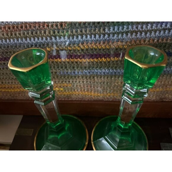 Set of 2 Empoli Emerald and Clear Glass Candle Holders Circa 1950 - 8.5" Tall - Picture 8 of 8